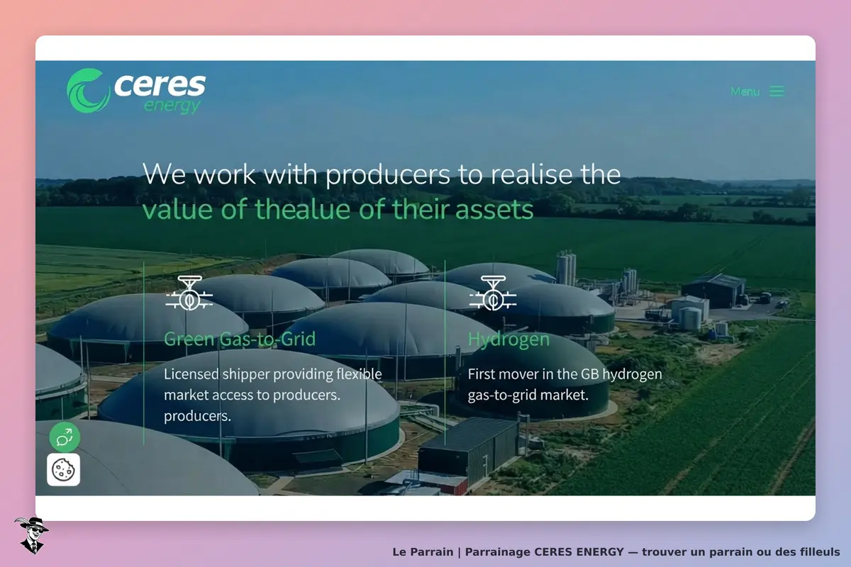 CERES ENERGY : page d'accueil présentant des installations de stockage et des services énergétiques