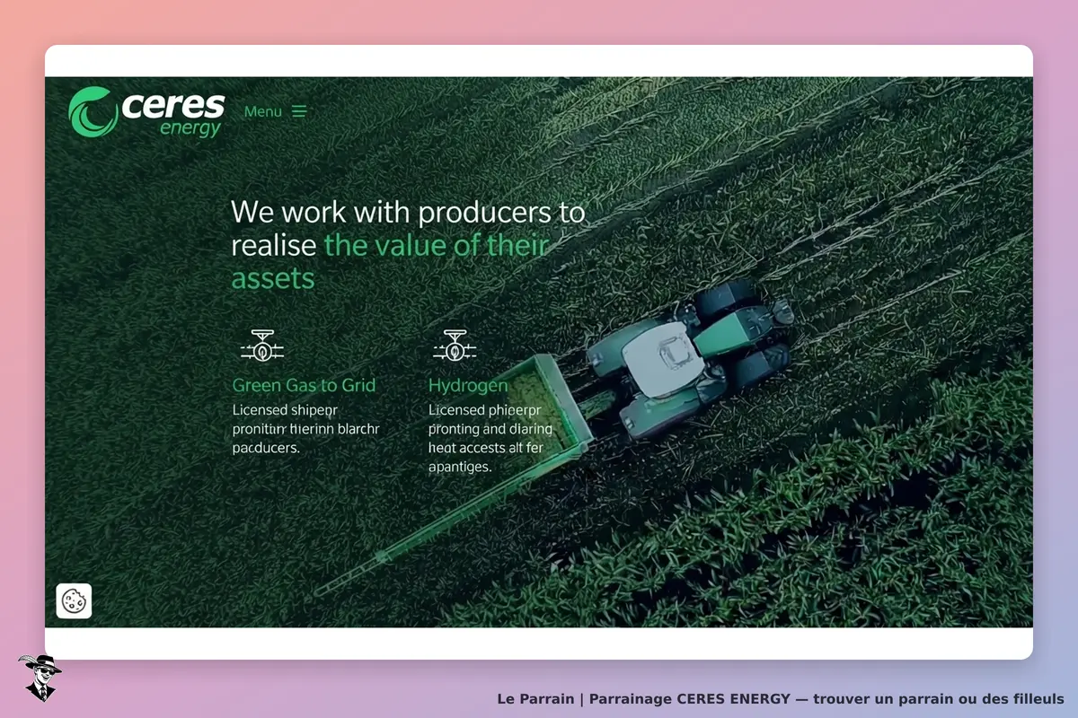 CERES ENERGY : page d'accueil avec un tracteur dans un champ et des informations sur des services