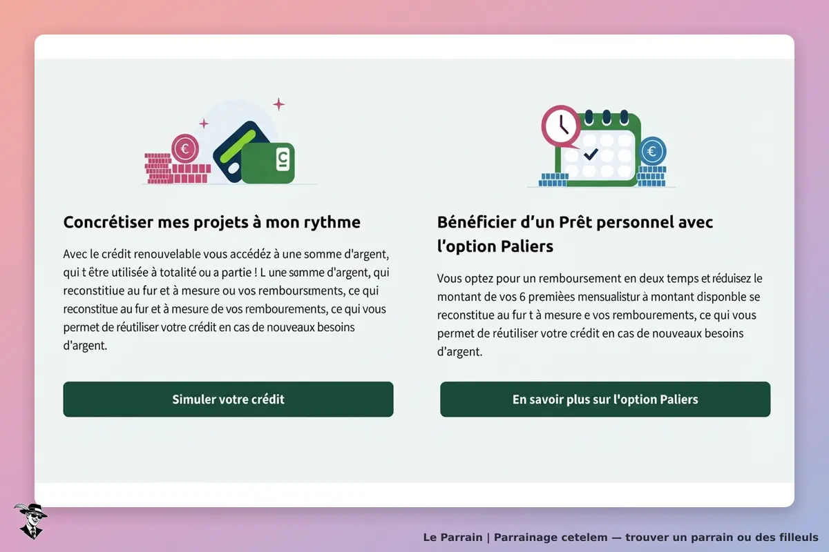 Cetelem : page d'accueil présentant des options de crédit renouvelable et de prêt personnel