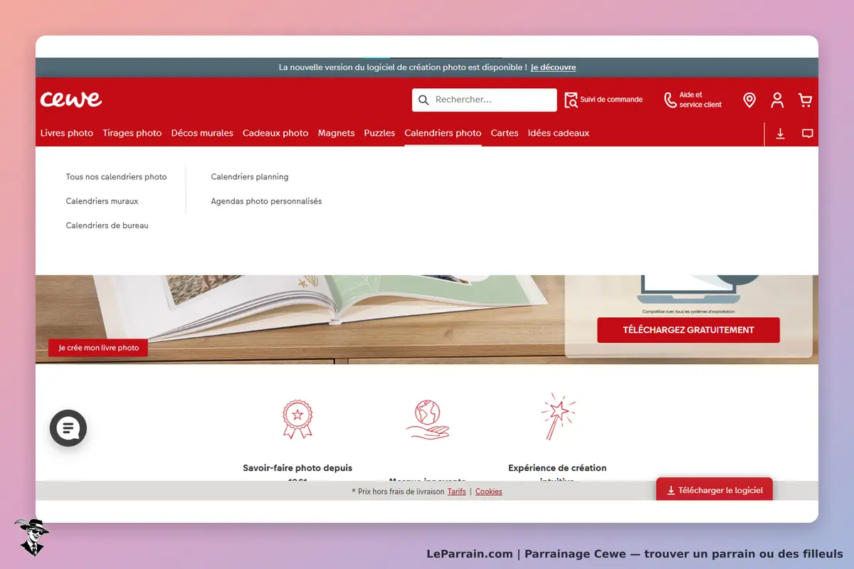 Cewe : page d'accueil avec options de création de livres photo et calendriers personnalisés