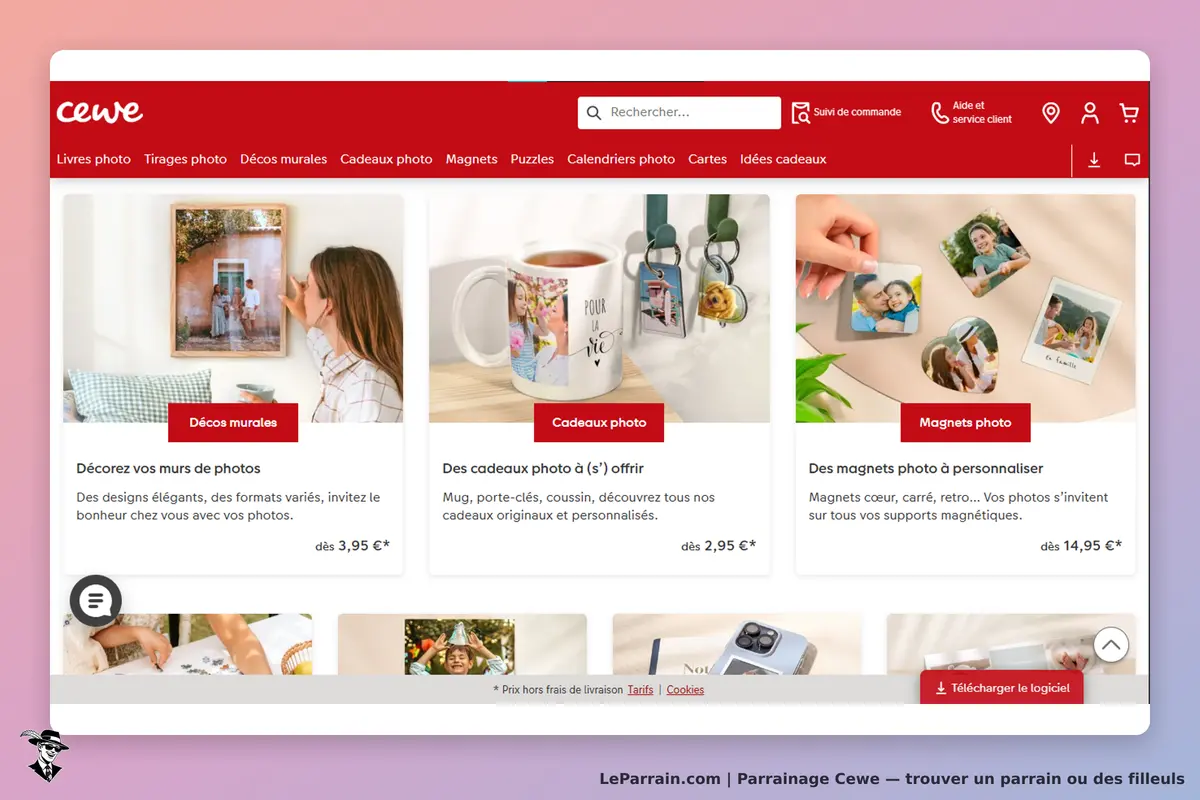 Cewe : page d'accueil présentant des produits photo personnalisés et des décorations murales