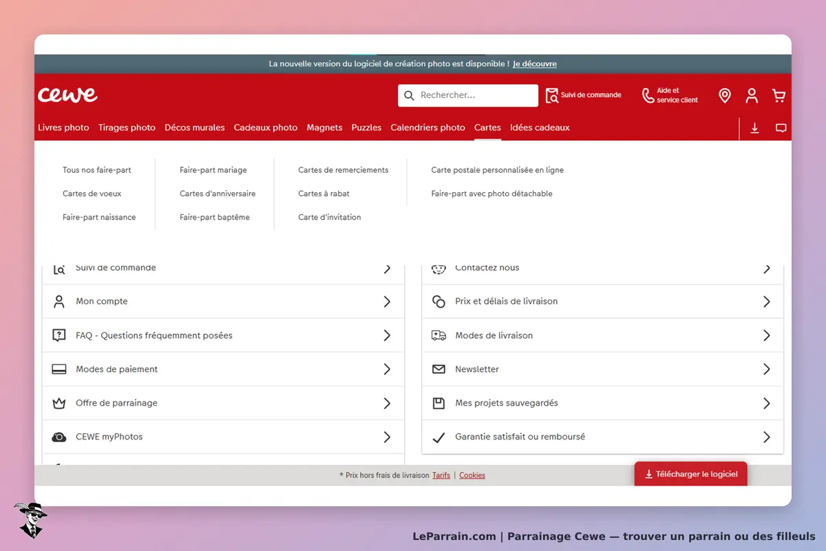 Cewe : menu principal avec catégories de produits et options de service client en bas de page