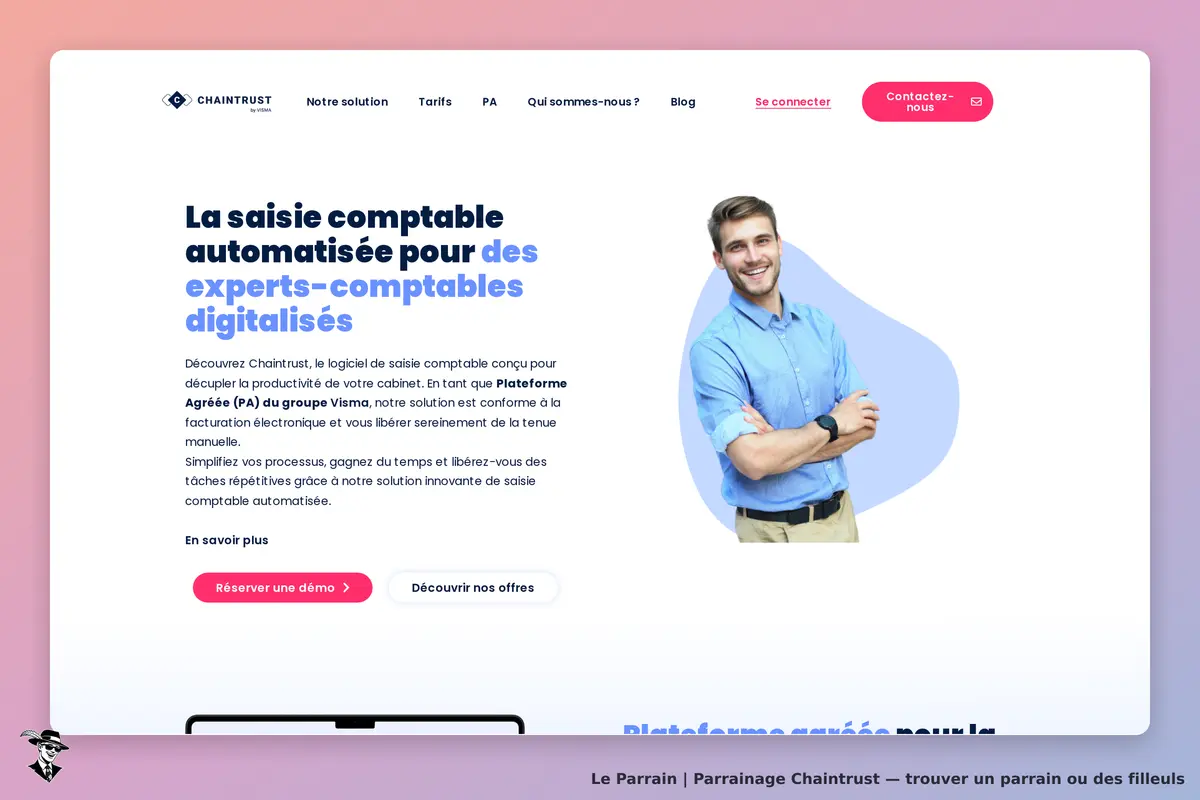 Chaintrust : page d'accueil présentant un logiciel de saisie comptable avec un homme souriant