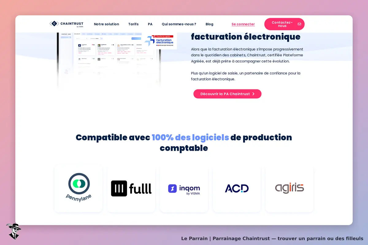 Chaintrust : page d'accueil présentant la facturation électronique et des logiciels compatibles