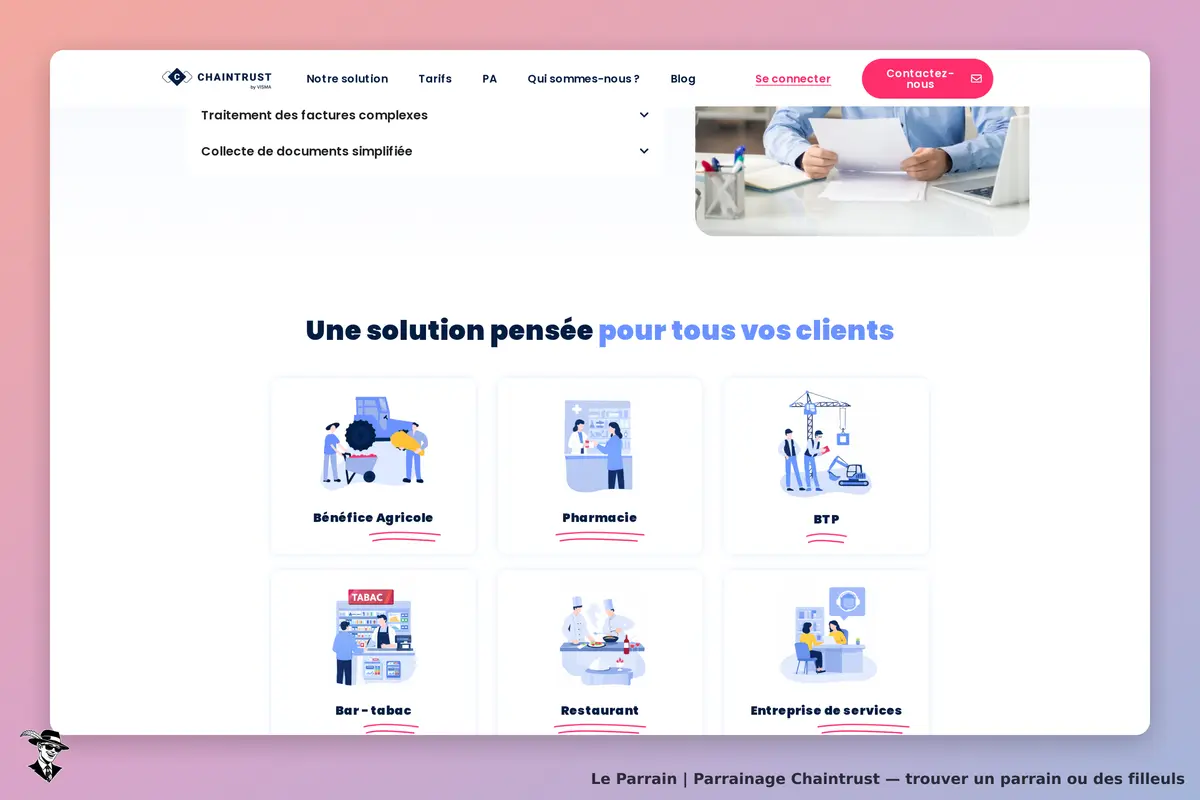 Chaintrust : page d'accueil avec des illustrations de secteurs d'activité et options de services