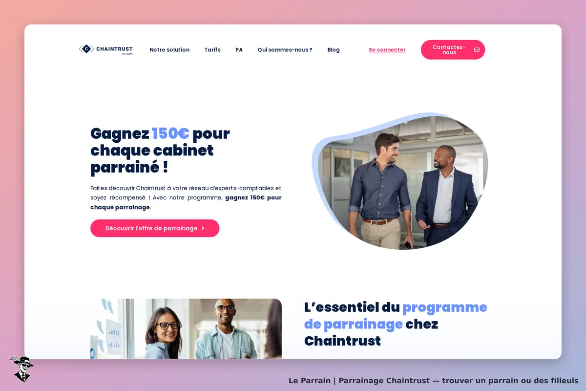 Chaintrust : page d'accueil avec deux hommes discutant, informations sur le programme de parrainage