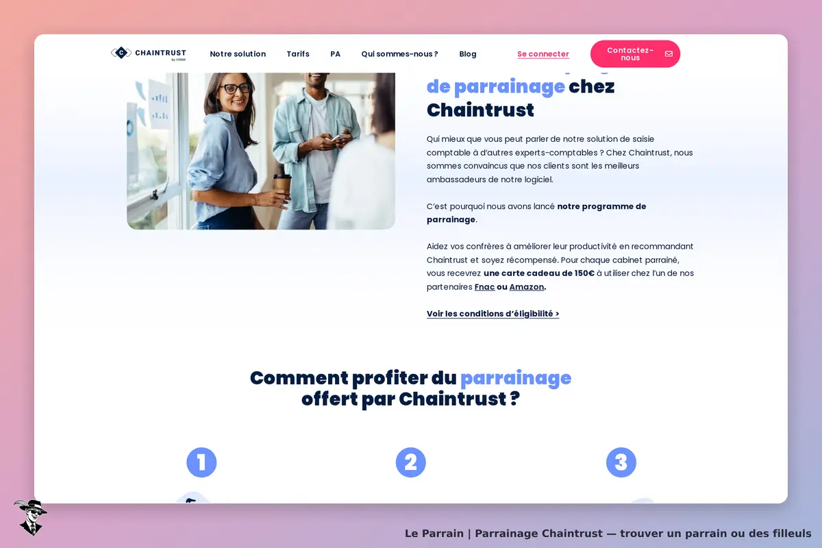 Chaintrust : page d'accueil présentant le programme de parrainage et des illustrations de personnes