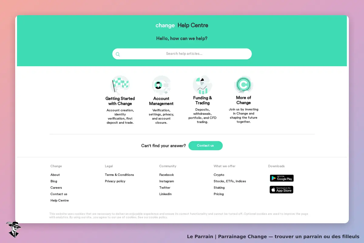 Change : page d'accueil du centre d'aide avec recherche et sections d'assistance visibles