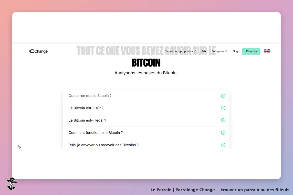 Change : page d'accueil sur le Bitcoin avec des questions fréquentes affichées