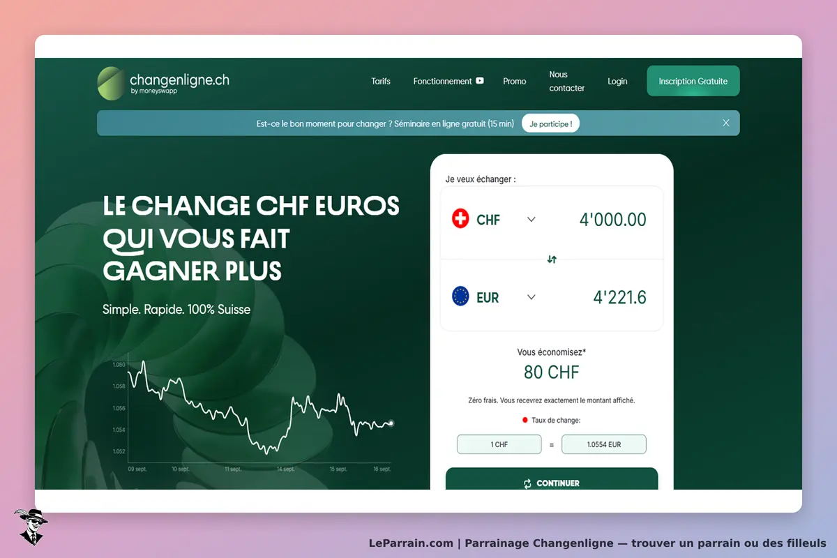 Changenligne : page d'accueil avec formulaire de change CHF vers EUR et graphique de taux