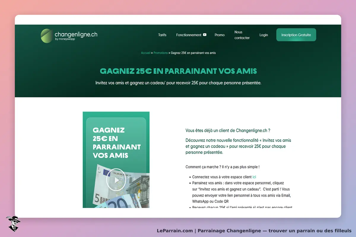 Changenligne : page d'accueil présentant une promotion de parrainage avec visuel et texte