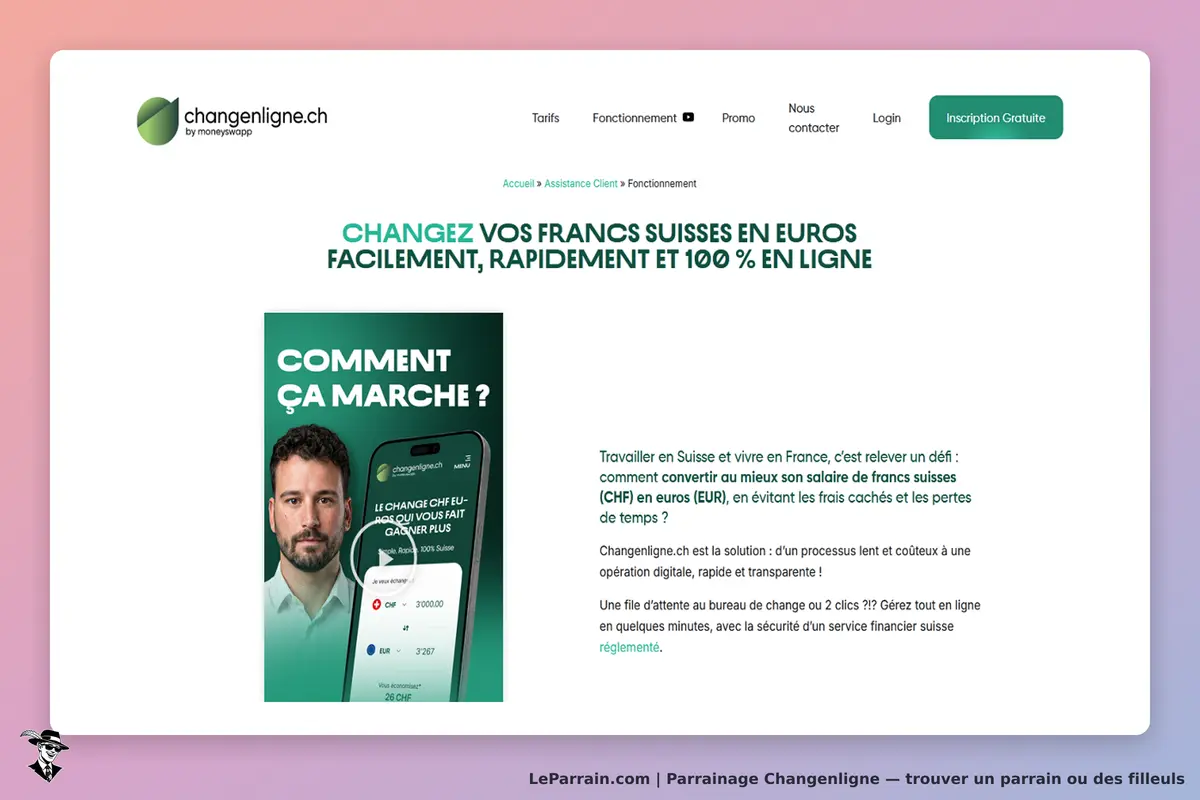 Changenligne : page d'accueil présentant un service de conversion de CHF en EUR, avec illustration