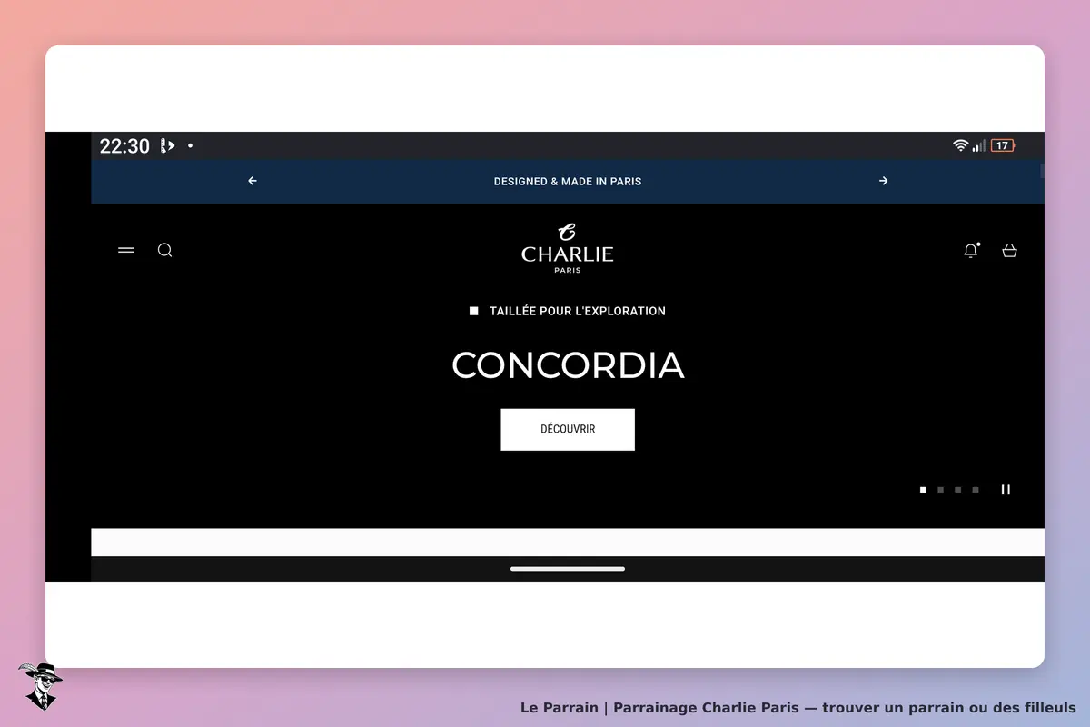 Charlie Paris : page d'accueil avec le mot "CONCORDIA" et un bouton "DÉCOUVRIR"