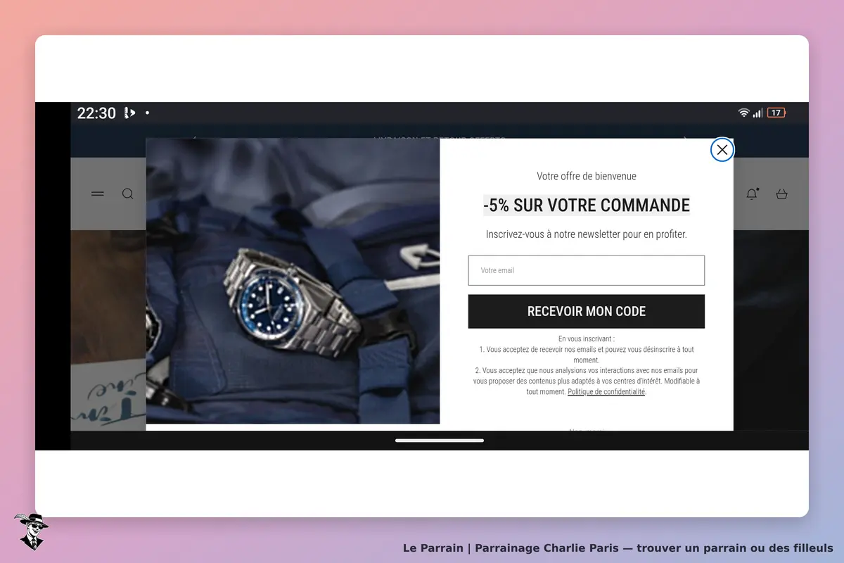 Charlie Paris : pop-up d'inscription à la newsletter avec une montre sur fond bleu