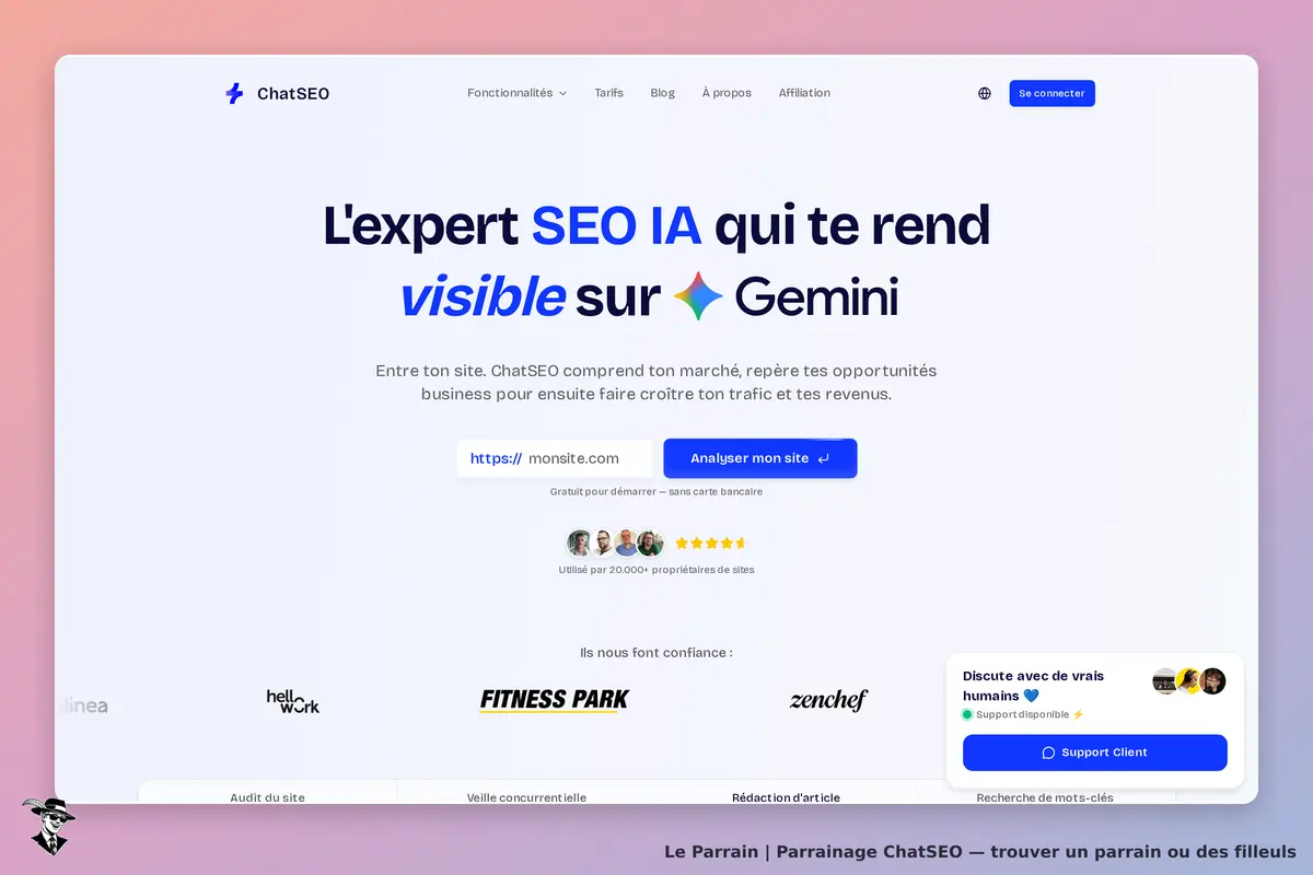 ChatSEO : page d'accueil présentant un formulaire d'analyse de site et des logos de partenaires