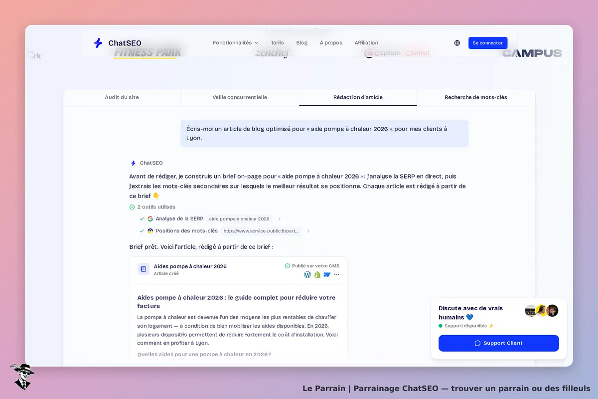 ChatSEO : page d'accueil avec un formulaire de rédaction d'article et outils d'analyse SEO