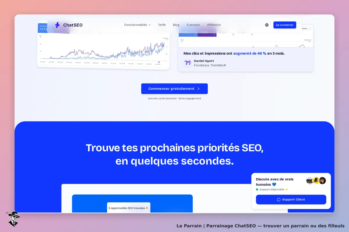 ChatSEO : page d'accueil avec un graphique, un bouton et un message sur les priorités SEO