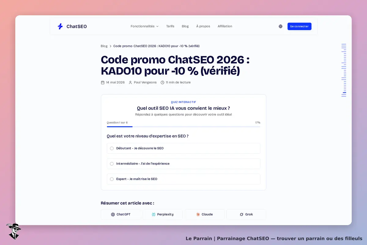 ChatSEO : page d'accueil avec un quiz interactif sur les outils SEO et niveaux d'expertise