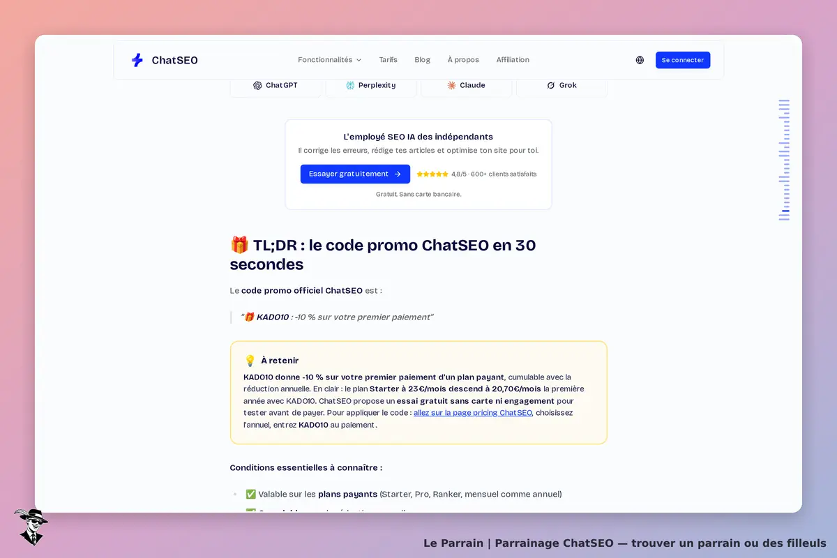 ChatSEO : aperçu de la page avec code promo et informations sur les plans payants