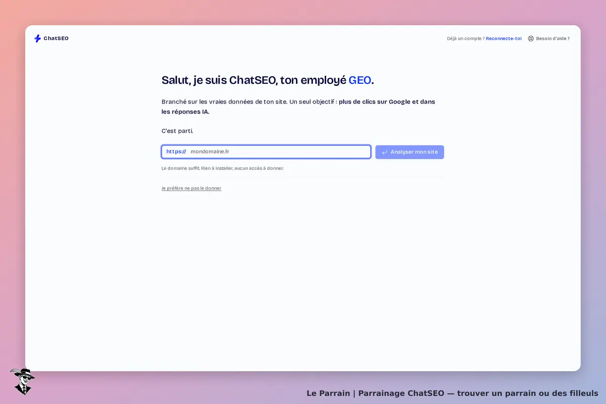 ChatSEO : page d'accueil avec un formulaire pour analyser un site web. Texte d'introduction visible