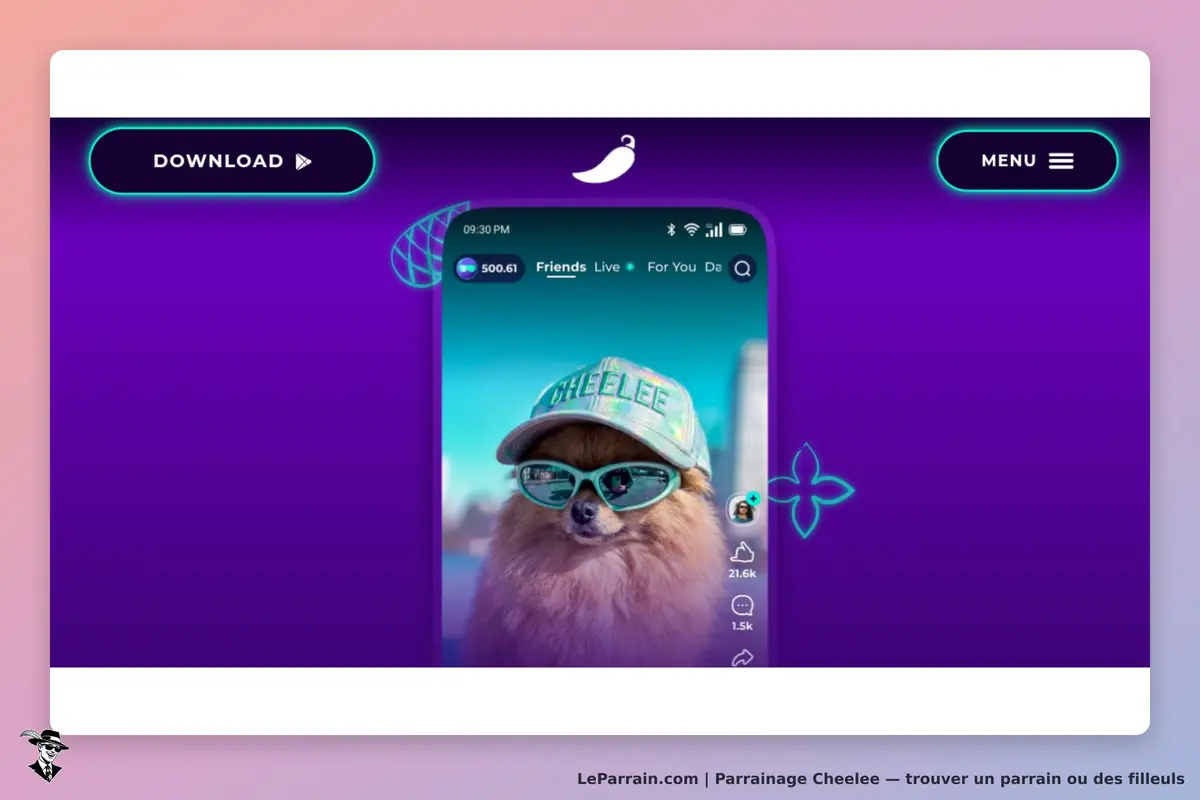 Cheelee : capture d'écran d'un téléphone affichant un chien portant des lunettes et une casquette