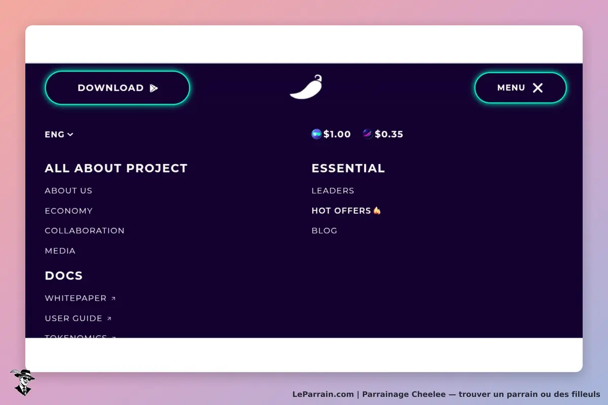 Cheelee : menu de navigation avec sections et boutons de téléchargement sur fond sombre