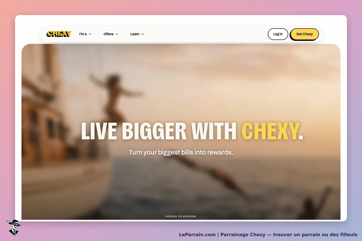 Chexy : page d'accueil avec un slogan et une image floue d'une personne sautant dans l'eau
