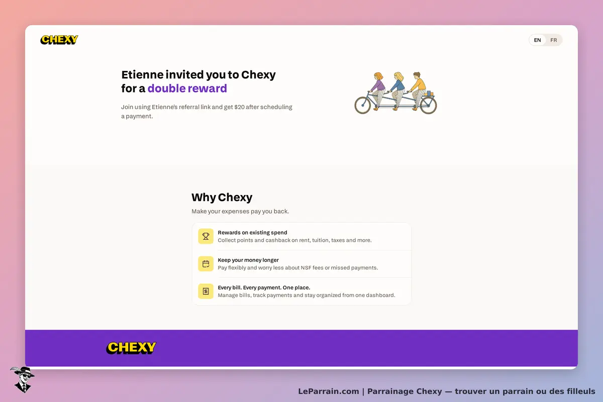 CHEXY : invitation d'Étienne à rejoindre Chexy avec des illustrations et des avantages affichés