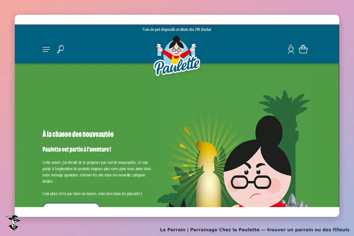 Chez la Paulette : page d'accueil avec un personnage et un message sur les nouveautés