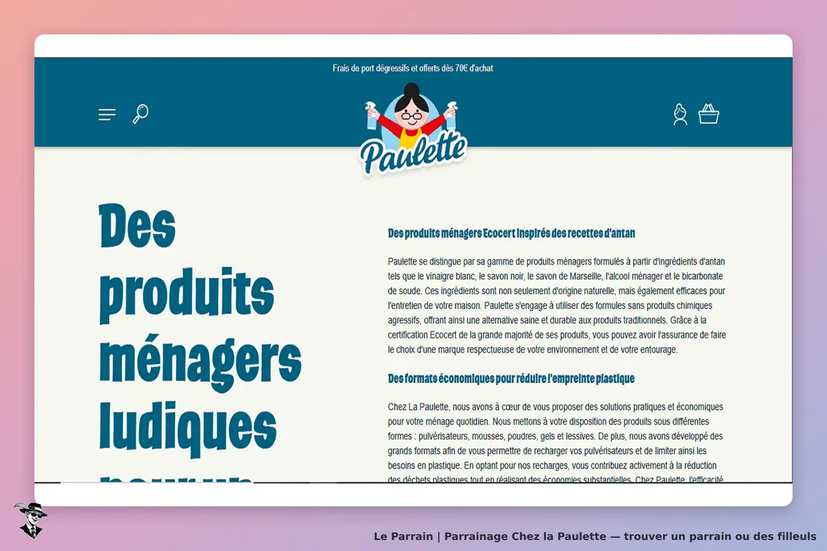 Chez la Paulette : page d'accueil présentant des produits ménagers et leur engagement écologique