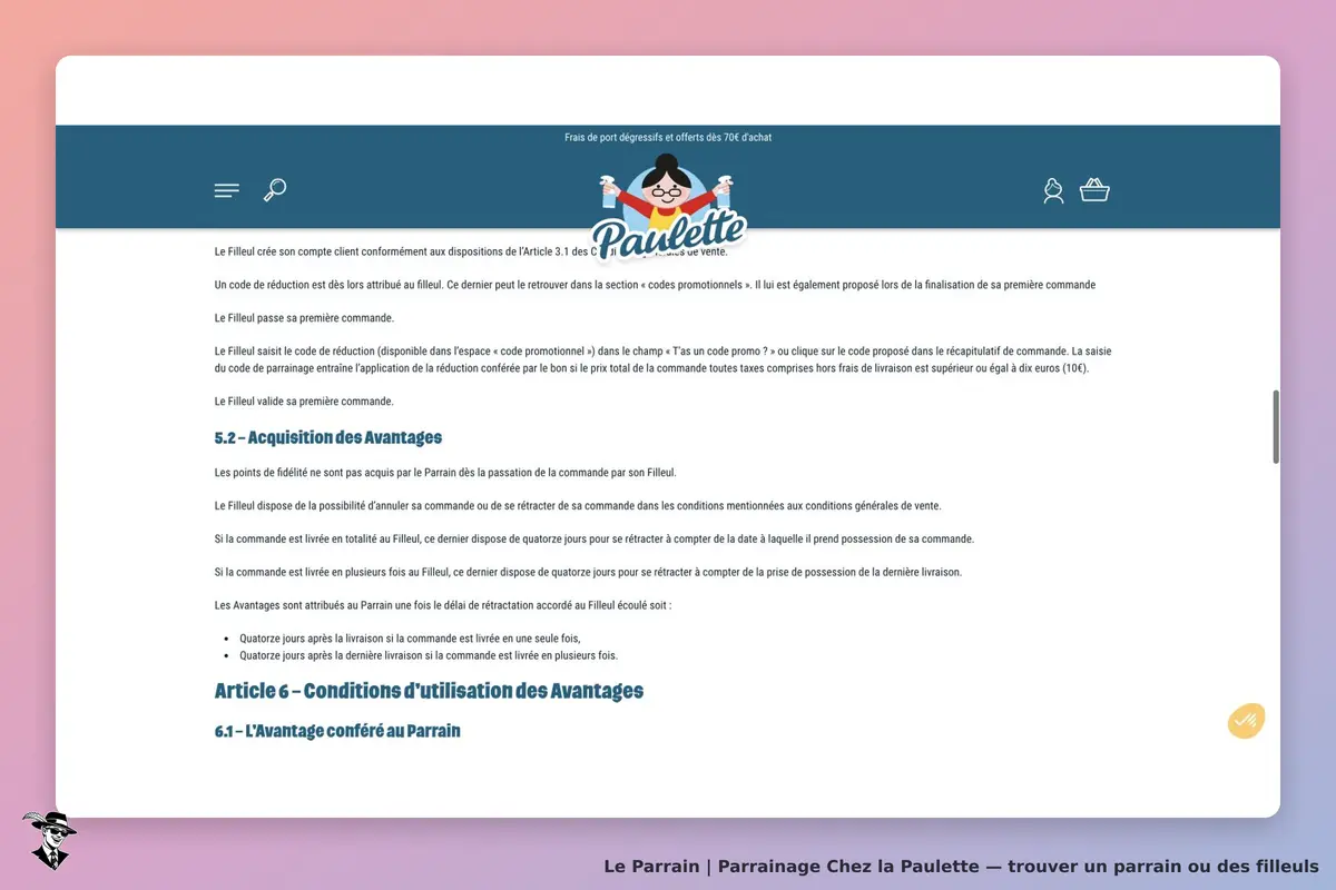 Conditions officielles Chez la Paulette : attribution des points après le délai de rétractation de 14 jours suivant la livraison ou la dernière livraison fractionnée.