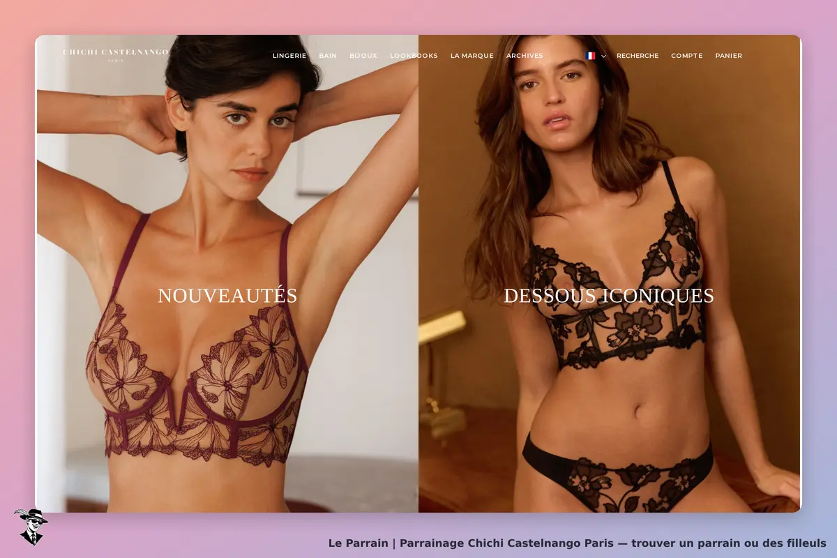 Chichi Castelnango Paris : page d'accueil avec deux modèles en lingerie et des sections «