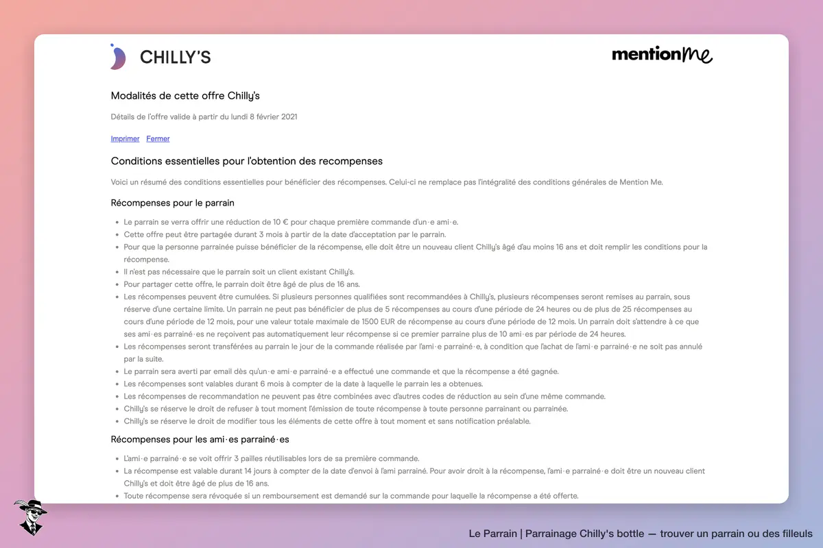Page parrainage de Chilly's bottle