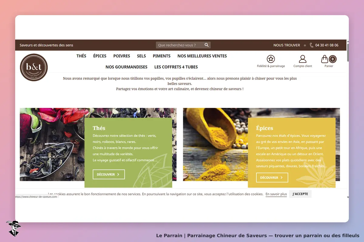 Chineur de Saveurs : page d'accueil avec sections sur thés et épices, images de produits