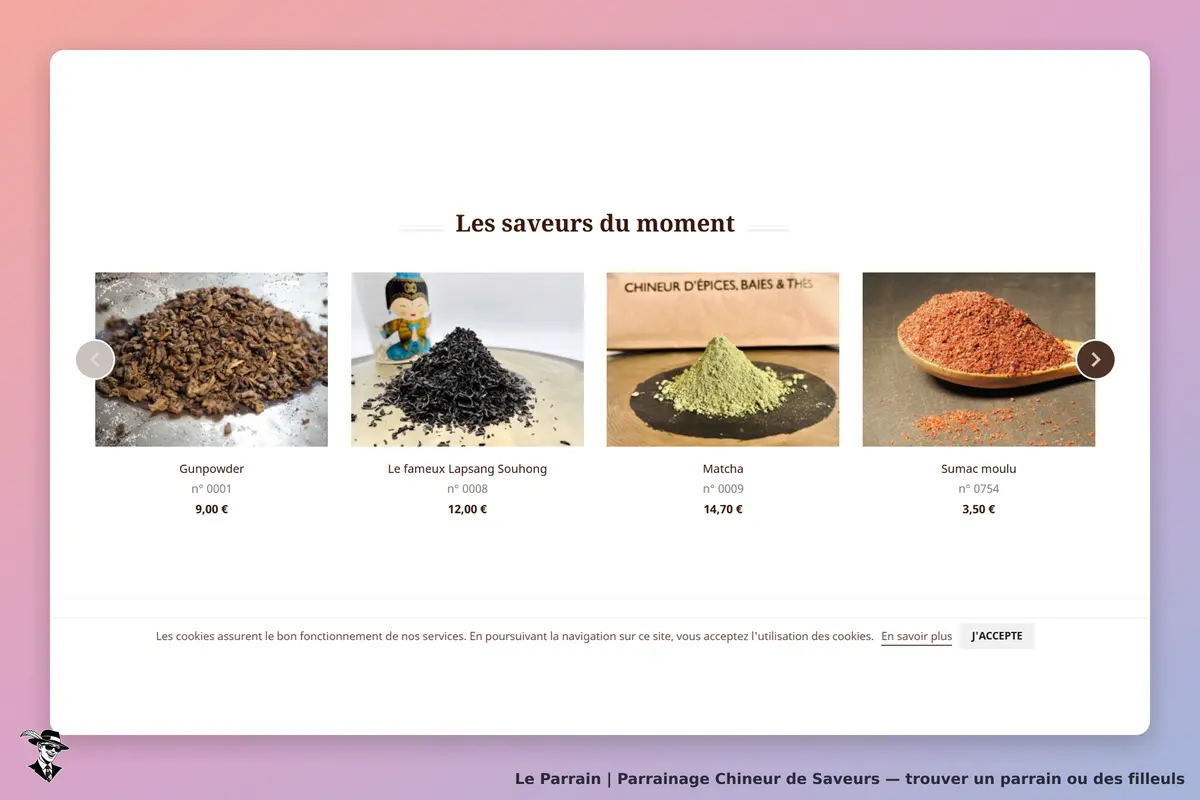 Chineur de Saveurs : présentation de plusieurs épices et thés sur la page d'accueil