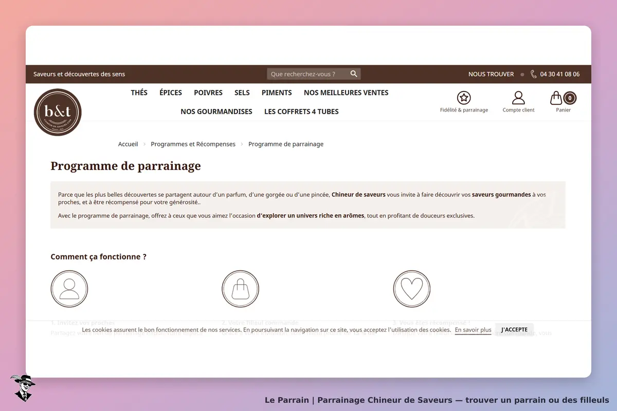 Chineur de Saveurs : page du programme de parrainage avec explications et icônes explicatives