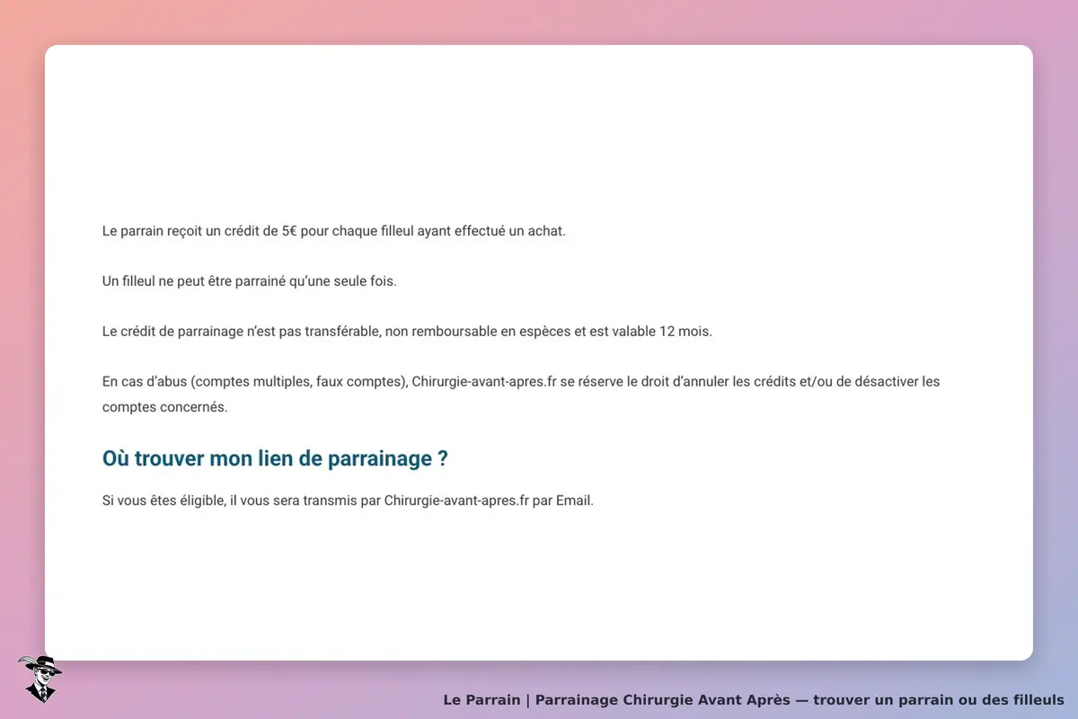 Chirurgie Avant Après : texte explicatif sur le parrainage et conditions associées