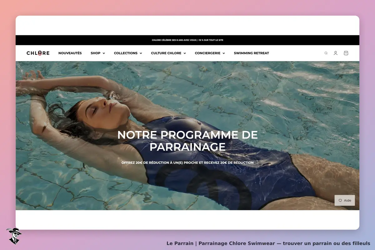 Page officielle Chlore présentant 20 € de réduction au filleul et 20 € de bon d’achat au parrain.