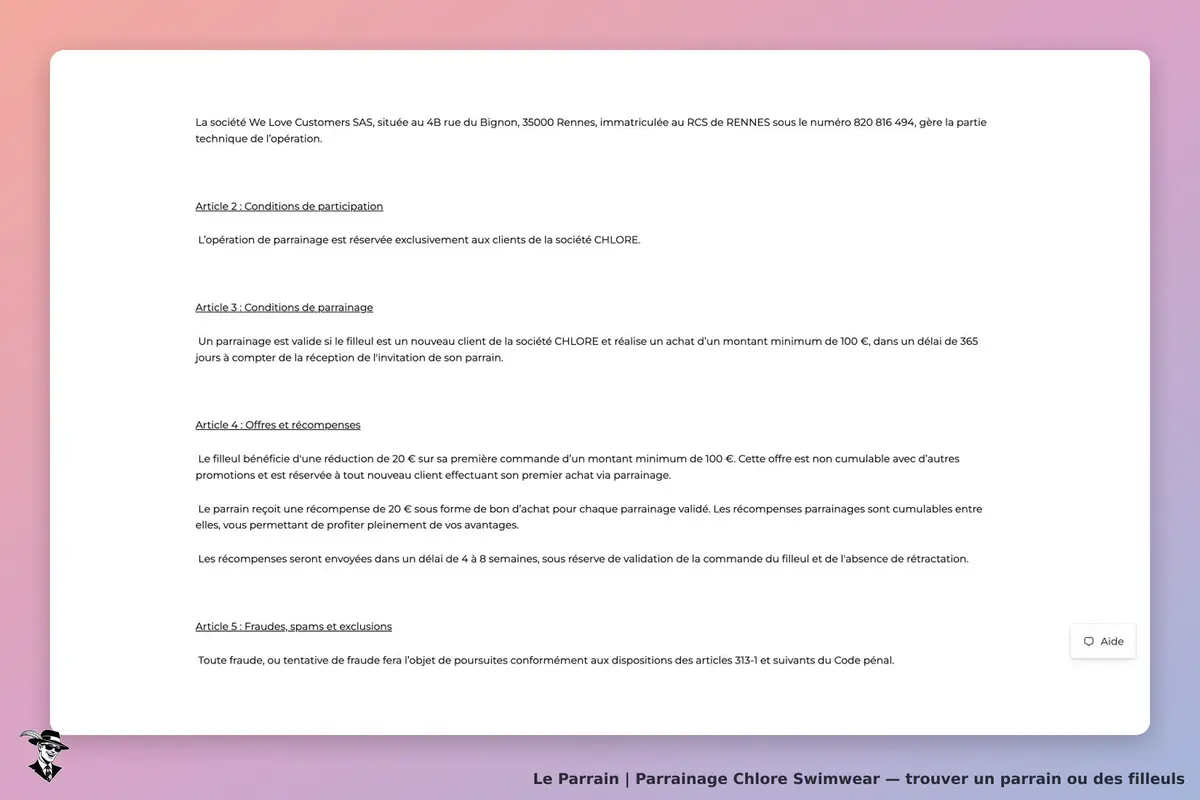 Règlement officiel Chlore : achat minimum de 100 € sous 365 jours, bons de 20 € et envoi sous 4 à 8 semaines après validation sans rétractation.