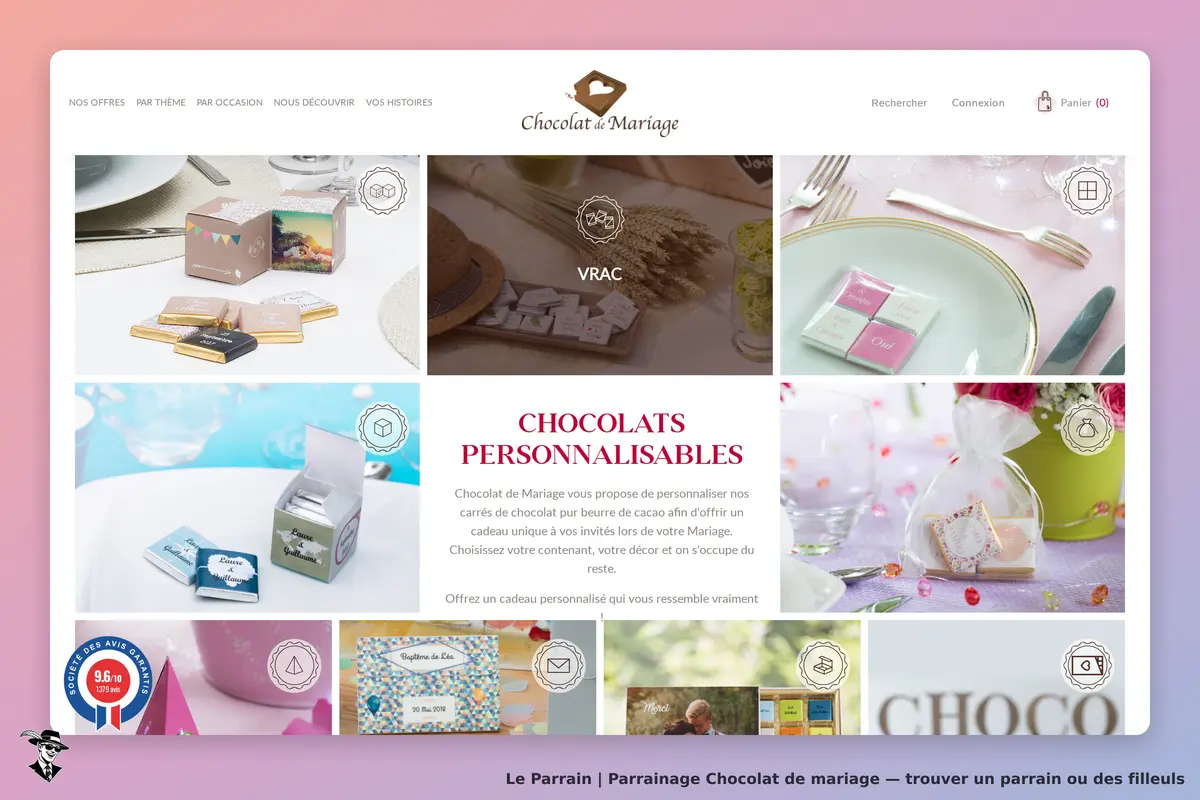 Chocolat de Mariage : page d'accueil avec divers chocolats et options de personnalisation