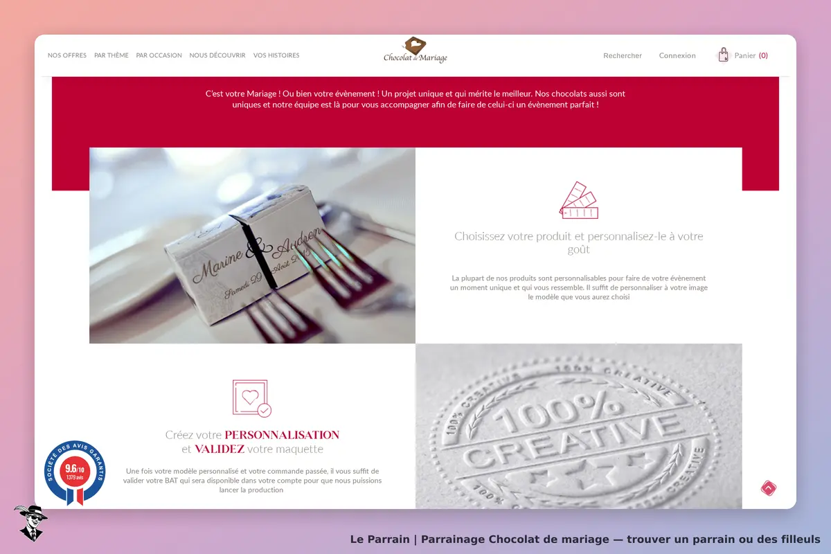Chocolat de mariage : page d'accueil avec des chocolats personnalisés et options de création