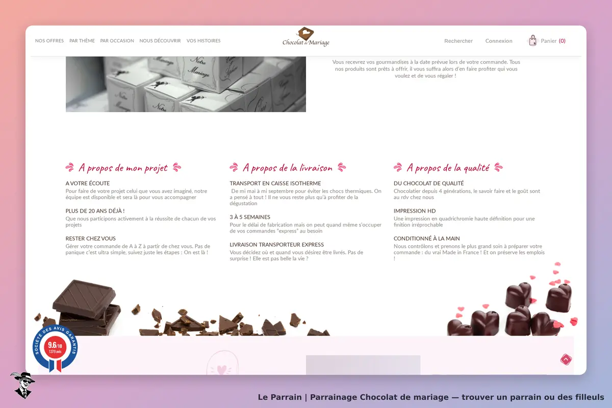 Chocolat de mariage : page d'accueil avec informations sur les projets et la qualité des produits