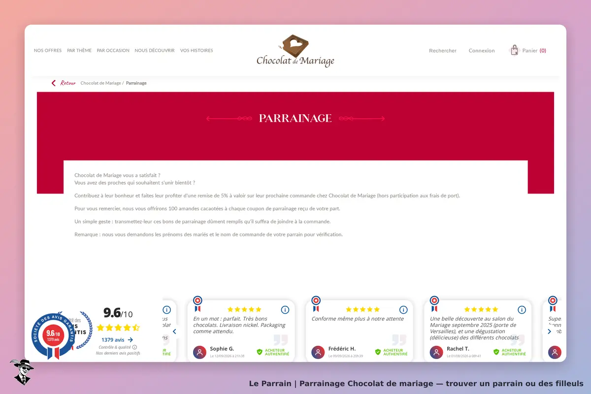Chocolat de Mariage : page de parrainage avec texte explicatif et avis clients affichés