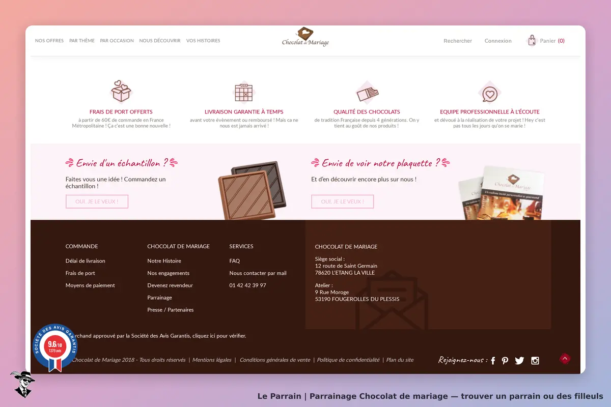 Chocolat de Mariage : section inférieure de la page d'accueil avec informations et produits