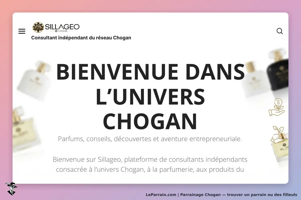 Chogan : page d'accueil avec message de bienvenue et flacons de parfum en arrière-plan