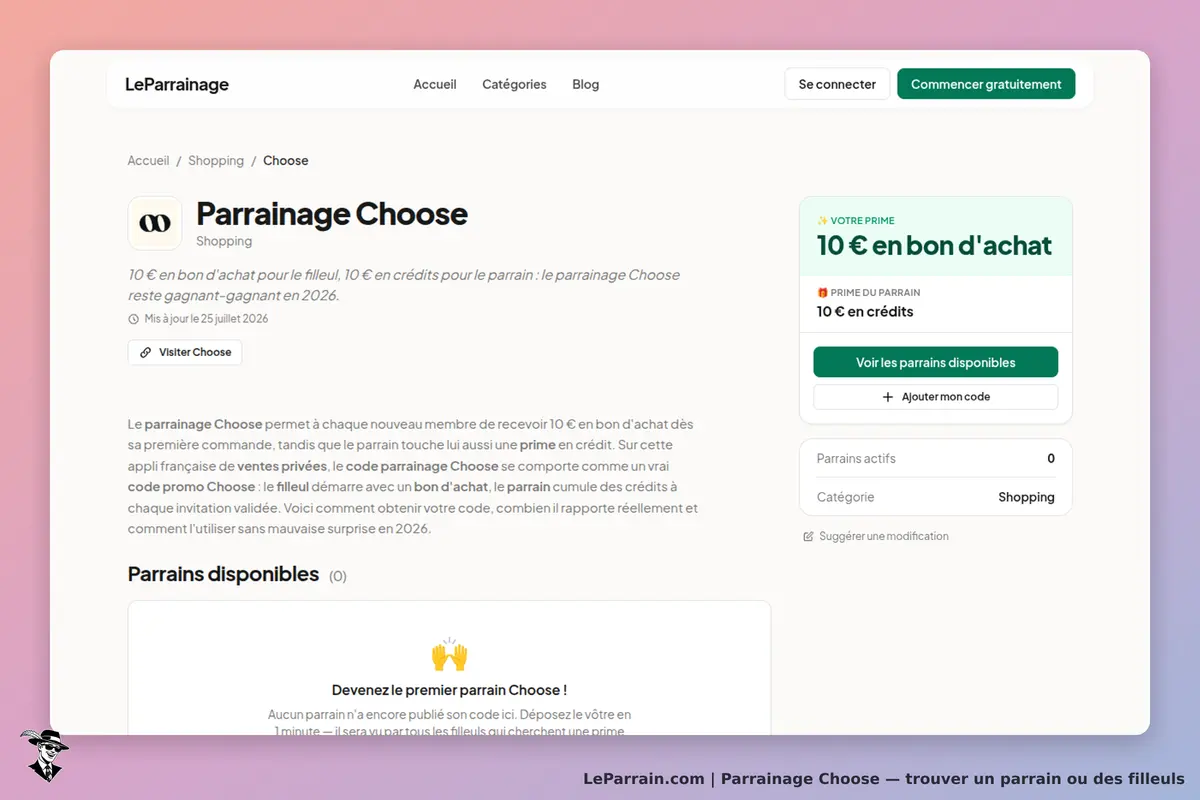 Choose : page d'accueil du parrainage avec primes et options pour les parrains disponibles