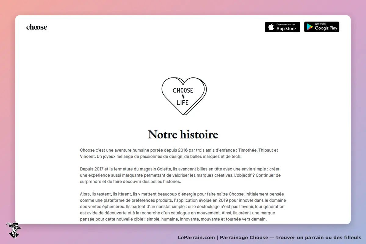 Choose : page d'accueil présentant l'histoire de la marque et son logo "CHOOSE 4 LIFE"