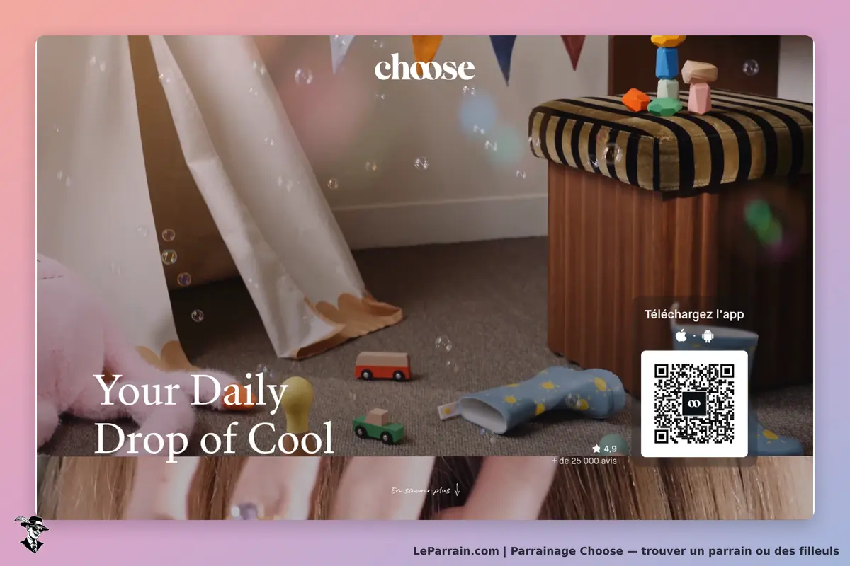 choose : page d'accueil avec jouets, bulles et QR code pour télécharger l'application