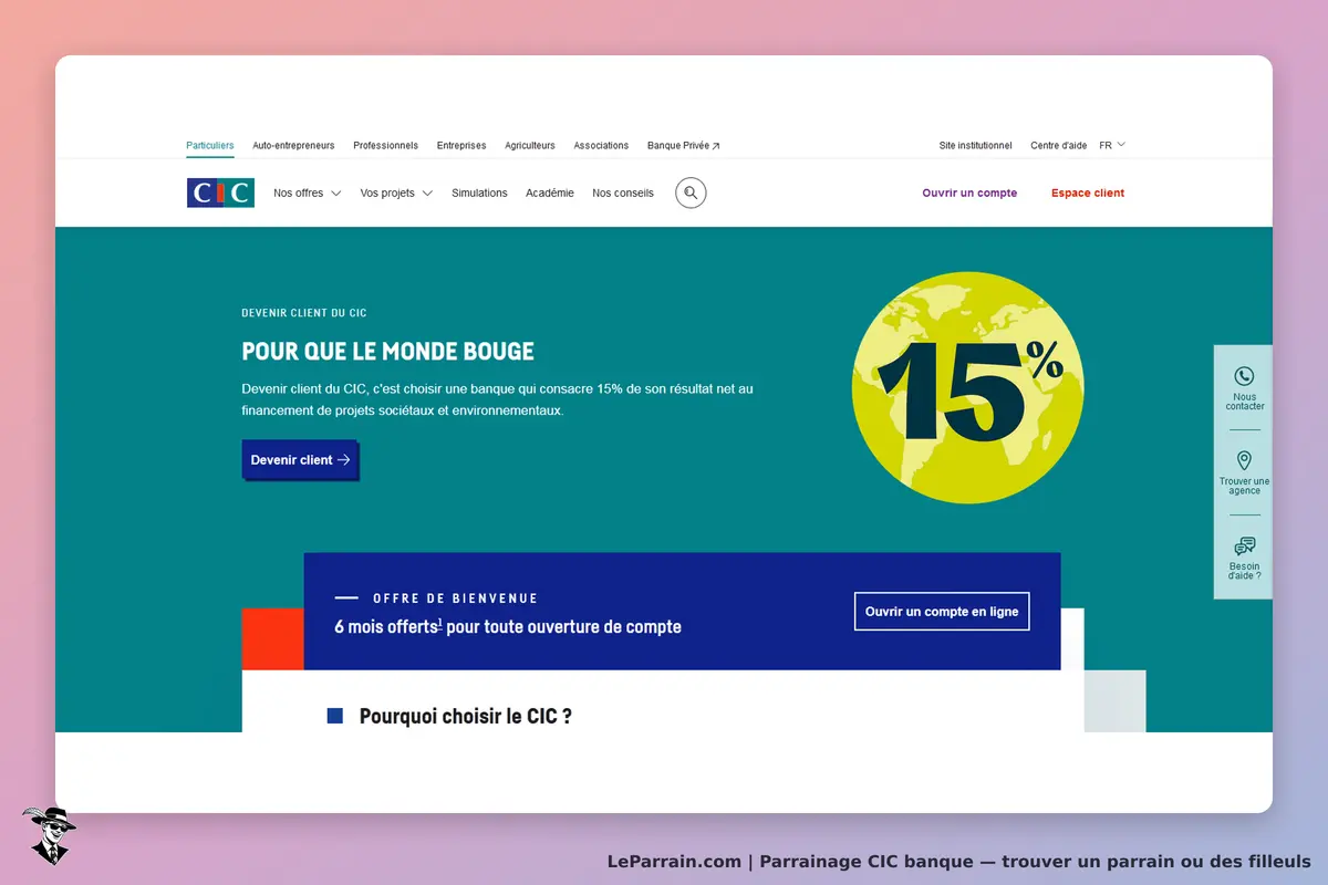 CIC banque : cIC : page d'accueil avec un message sur l'engagement sociétal et un bouton pour