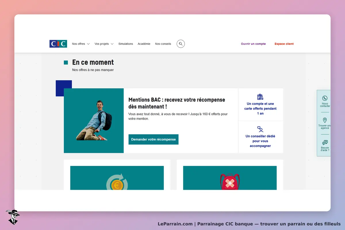 CIC banque : cIC : page d'accueil avec offres et visuel d'un jeune homme souriant avec un sac à dos